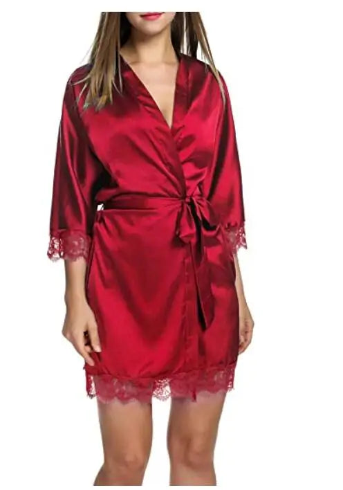 Ladies Contrast Lace Satin Robe 2018 New Fashion Sexy Women Clothes Spring Blue Half Sleeve Plain Night Robe