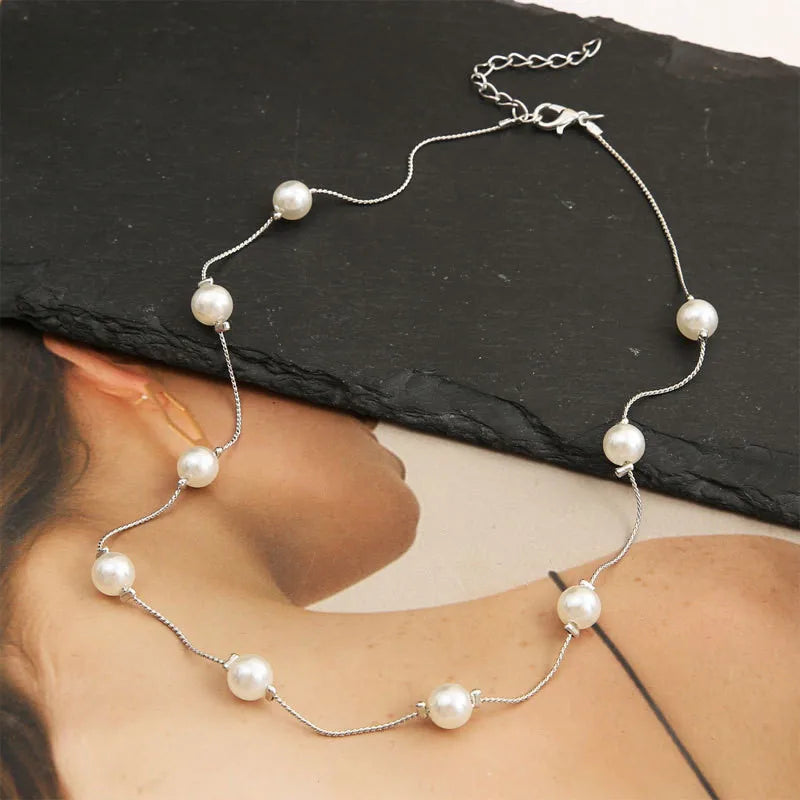 Womens Jewellery Colliers Chain Simulated Pearls Necklace Bridal Jewelry Necklaces Female White Wedding Gifts Collares Wholesale