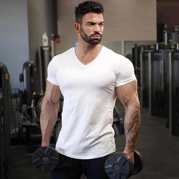 Mens Plain  Summer Cotton Breathable Short Sleeve Shirts Running V-neck T-shirt Gym Bodybuilding Fitness Workout Muscle Clothin
