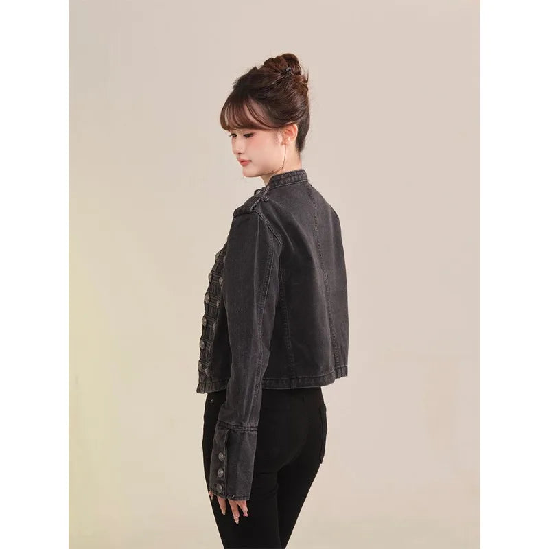 Women's Clothing Short Coat New Jeans Jacket Retro Button Design Slim Stand-up Collar Long Sleeves Denim Top Jacket Short Coat