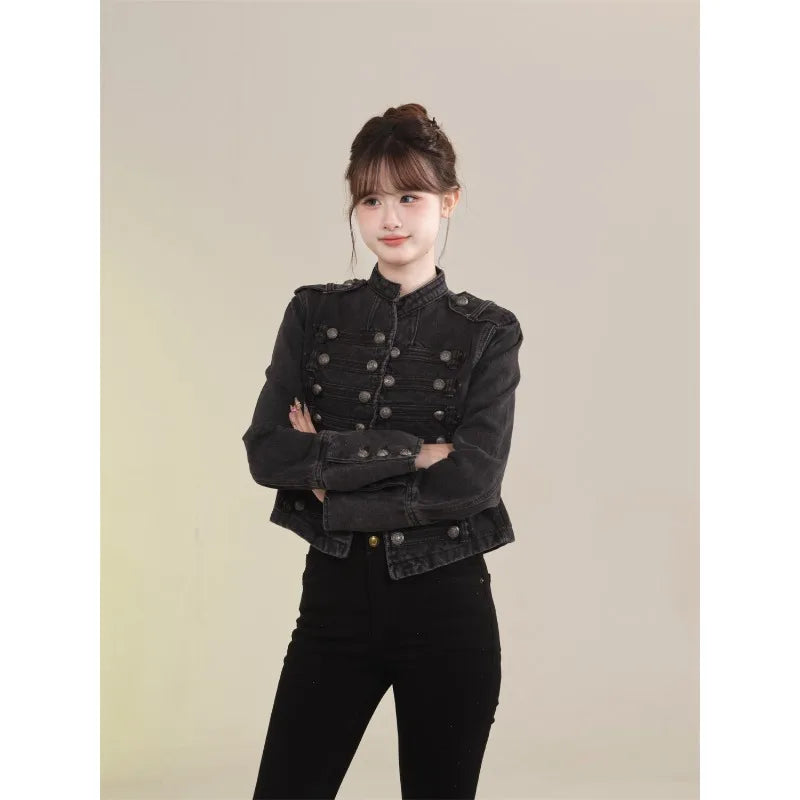 Women's Clothing Short Coat New Jeans Jacket Retro Button Design Slim Stand-up Collar Long Sleeves Denim Top Jacket Short Coat