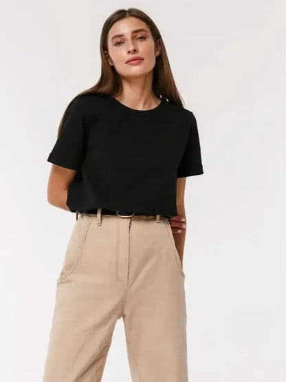 Ladies Summer 100% Cotton Women's T-shirt Bottoming Basic Fashionable Solid Lady Short Sleeve Loose Tops Shirts㎡ Tops