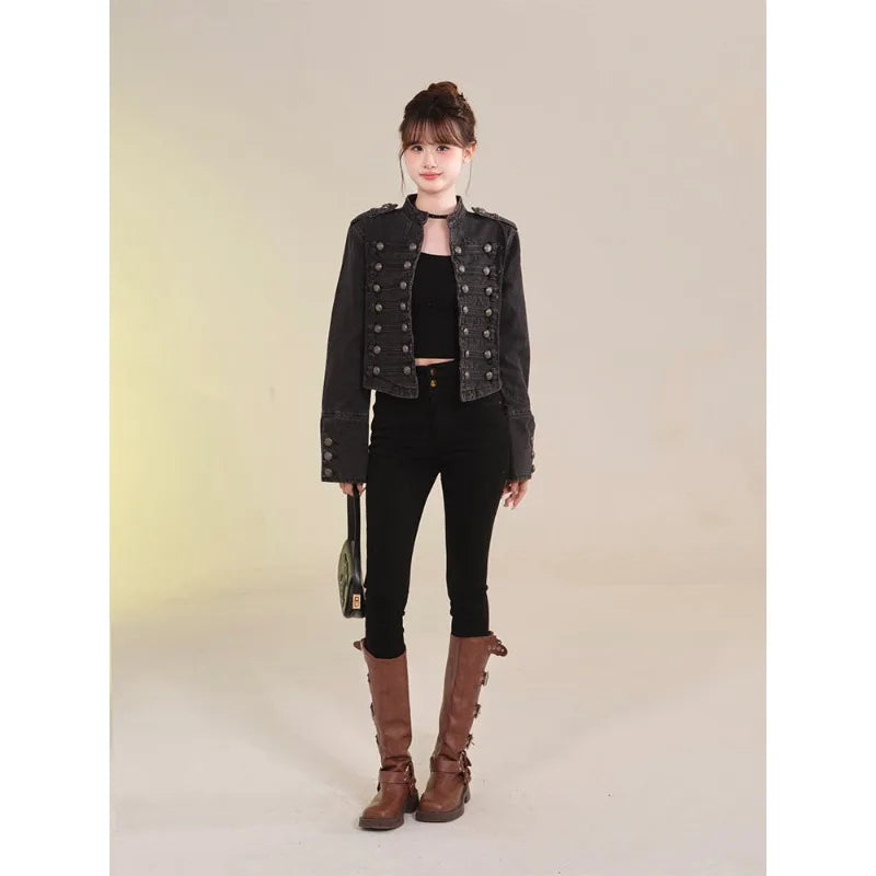 Women's Clothing Short Coat New Jeans Jacket Retro Button Design Slim Stand-up Collar Long Sleeves Denim Top Jacket Short Coat