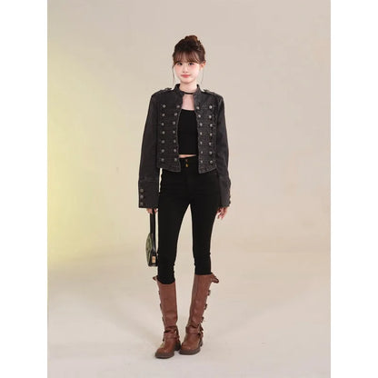Women's Clothing Short Coat New Jeans Jacket Retro Button Design Slim Stand-up Collar Long Sleeves Denim Top Jacket Short Coat