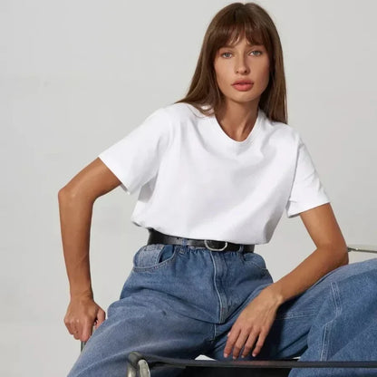 Ladies Summer 100% Cotton Women's T-shirt Bottoming Basic Fashionable Solid Lady Short Sleeve Loose Tops Shirts㎡ Tops