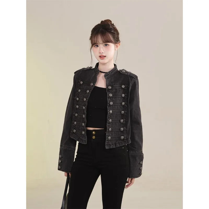 Women's Clothing Short Coat New Jeans Jacket Retro Button Design Slim Stand-up Collar Long Sleeves Denim Top Jacket Short Coat