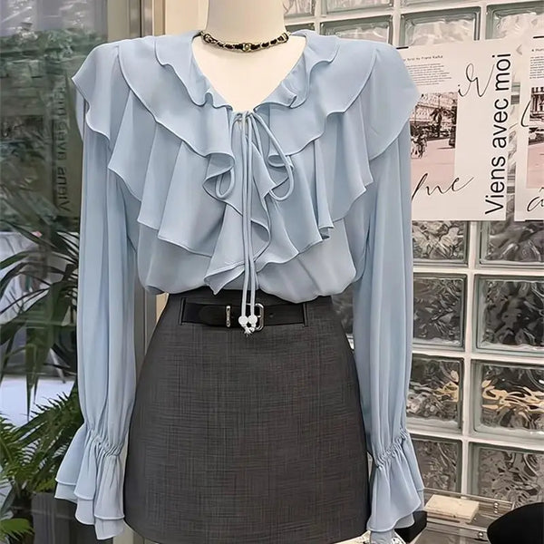 Chiffon Blouse Women Clothing 2025 Camisas De Mujer Flare Sleeve V-neck Ruffles Summer Shirts Solid Color Vintage Blouses Tops