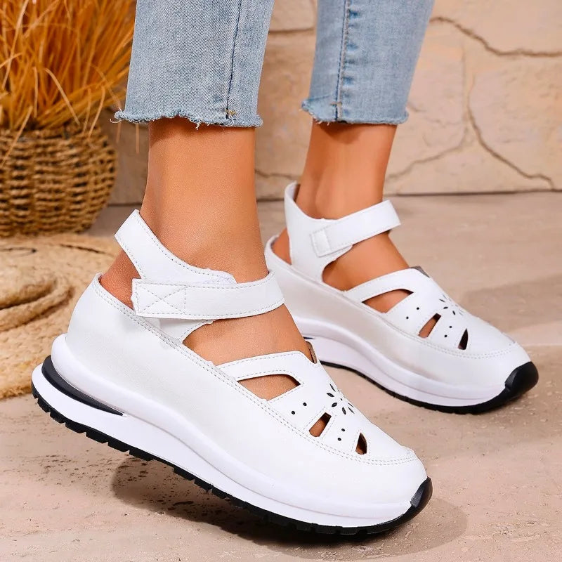 Ladies Shoes 2025 High Quality Buckle Strap Women's Sandals New Closed Toe Office and Career Summer Solid Wedge Sandals