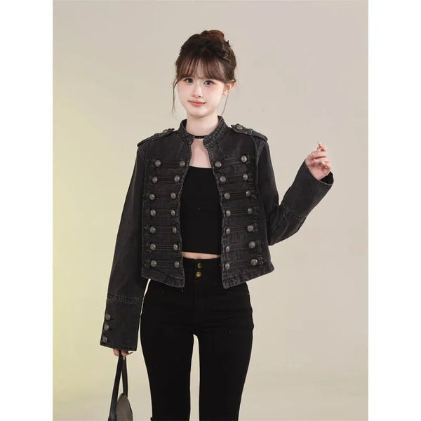 Women's Clothing Short Coat New Jeans Jacket Retro Button Design Slim Stand-up Collar Long Sleeves Denim Top Jacket Short Coat