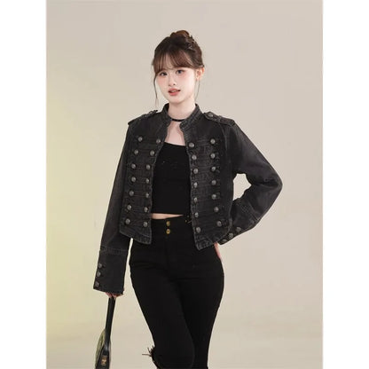 Women's Clothing Short Coat New Jeans Jacket Retro Button Design Slim Stand-up Collar Long Sleeves Denim Top Jacket Short Coat